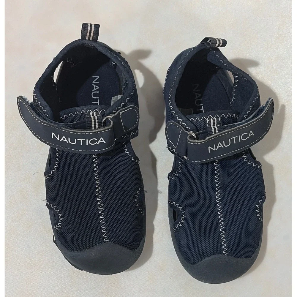 Nautica Boys Navy Blue Mesh Water Sandals Closed Toe Hook Loop Strap Size 10